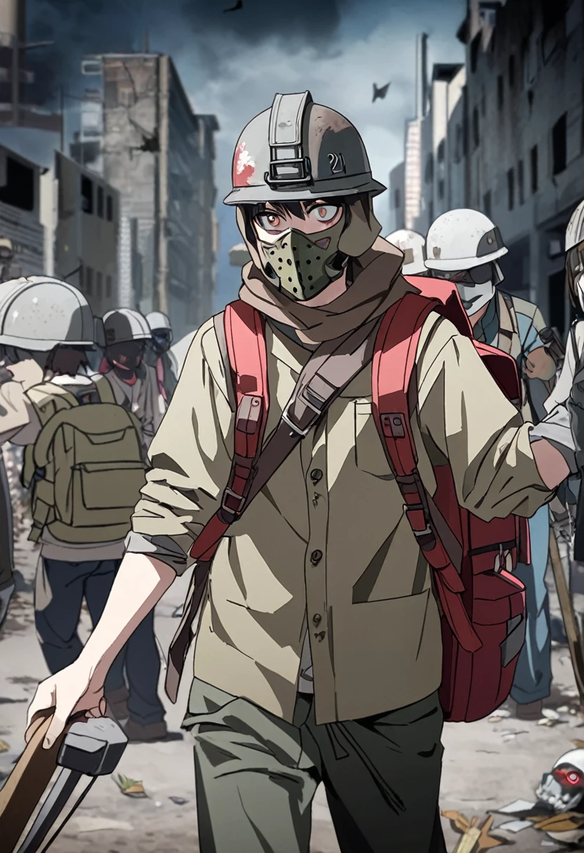 man, 21 years old, survivor, dressed in old clothes, Helmet, mask, backpack, Zombie Apocalypse 