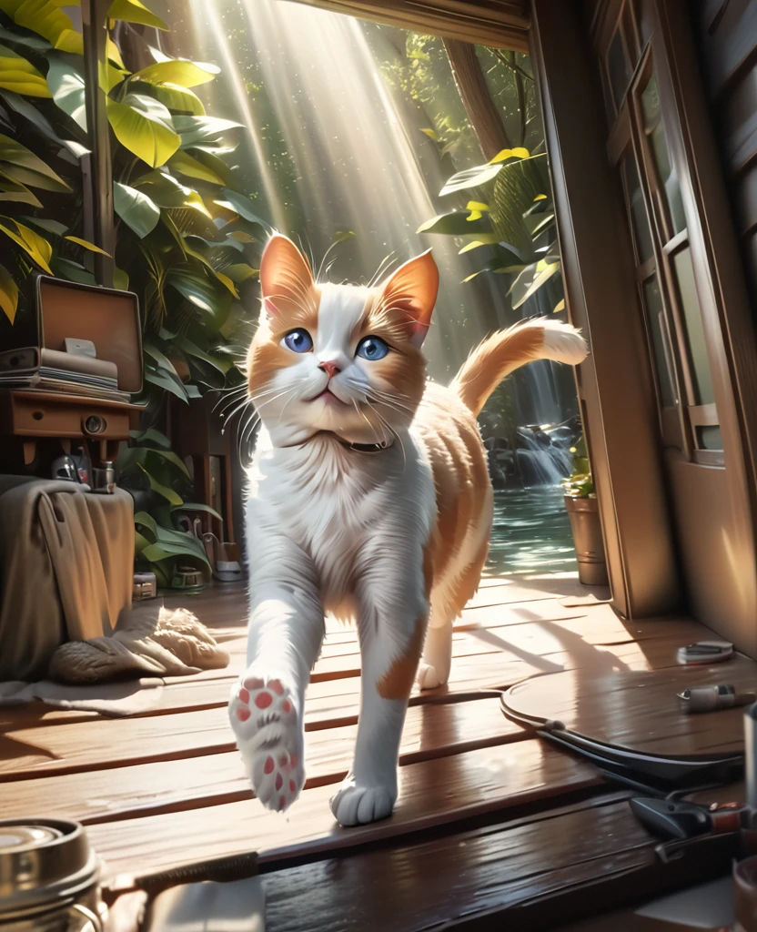 A fluffy calico cat and a cute puppy walking together, detailed fur textures, adorable facial expressions, playful interaction, beautiful natural outdoor setting, sunlight filtering through leaves, vivid colors, (best quality,4k,8k,highres,masterpiece:1.2),ultra-detailed,(realistic,photorealistic,photo-realistic:1.37),HDR,UHD,studio lighting,extremely detailed,professional,vibrant colors,natural lighting