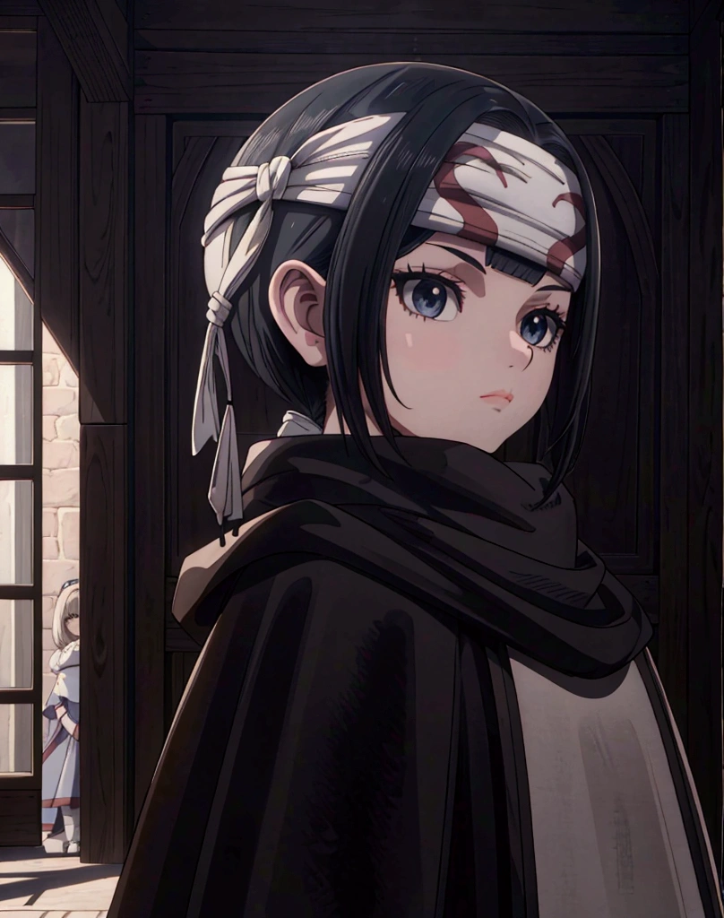 beautiful young girl with a bob haircut, standing alone, wearing a cowl headband, in profile, looking directly at the viewer, (best quality, 4k, 8k, highres, masterpiece:1.2),