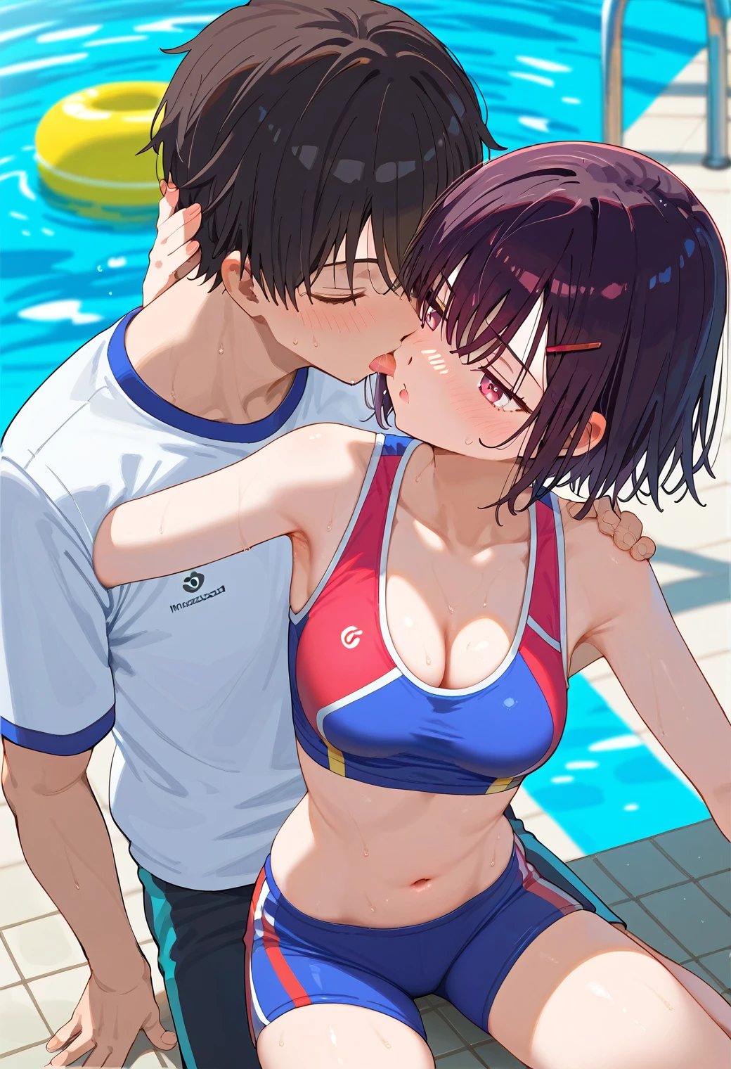 Mikazuki Shizuka, alone,One girl, Sportswear,belly button,A woman and a man kiss,1boy,Poolside,BREAKscore_9, score_8_Excellent, score_7_Excellent, anime