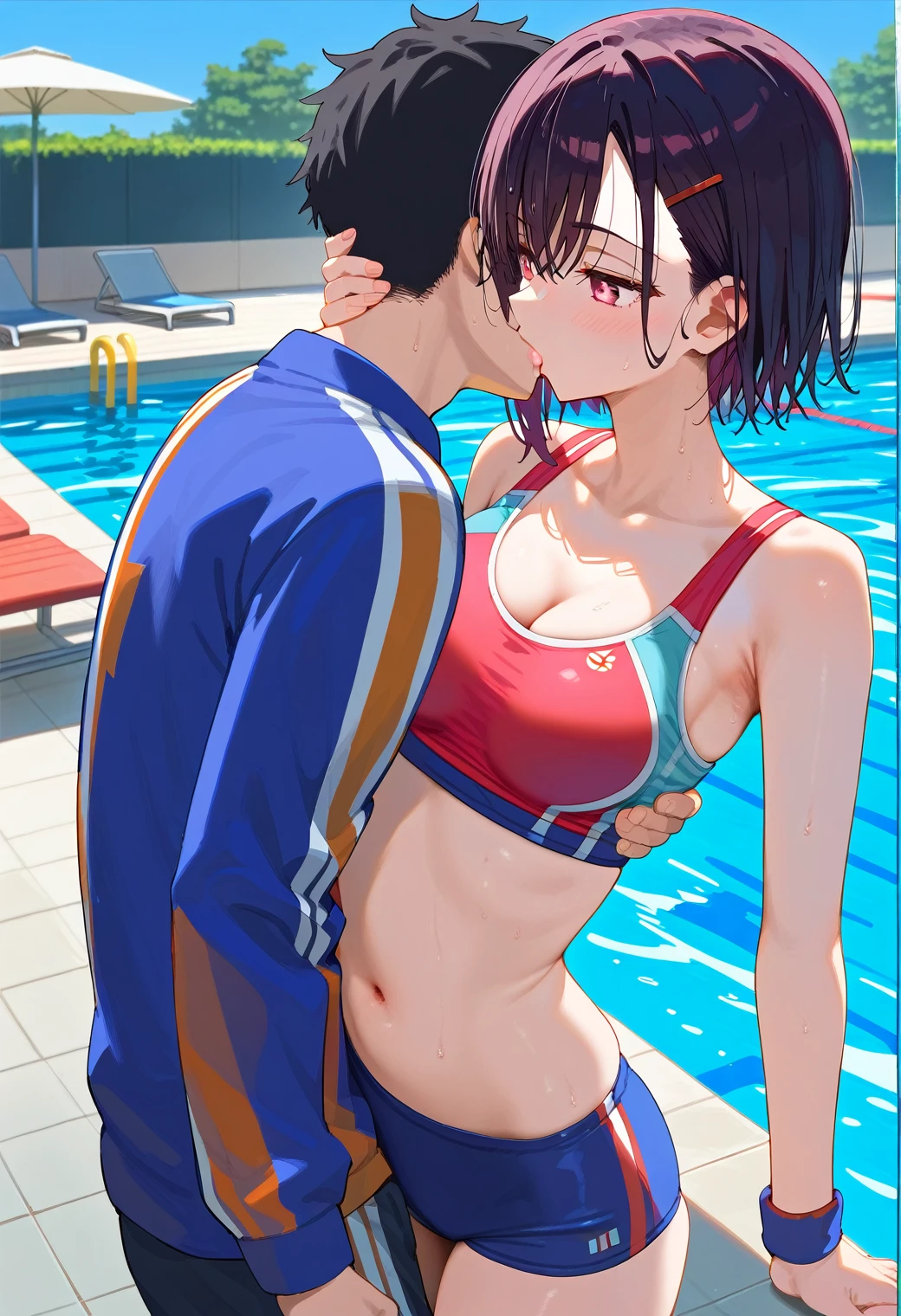 Mikazuki Shizuka, alone,One girl, Sportswear,belly button,A woman and a man kiss,1boy,Poolside,BREAKscore_9, score_8_Excellent, score_7_Excellent, anime