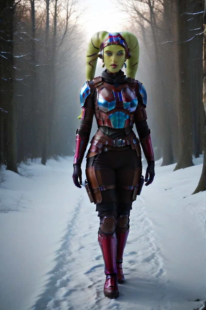 a ((fall body)) (((hera syndulla))) ((green skin )) ((female twi'lek ))mandalorian,walking on snow, ((green fire eyes )) , beautiful detailed eyes, beautiful detailed lips, extremely detailed face, long eyelashes, mandalorian armor, sci-fi, cinematic lighting, dramatic, epic, intricate details, hyper-realistic, 8k, high-quality, photorealistic