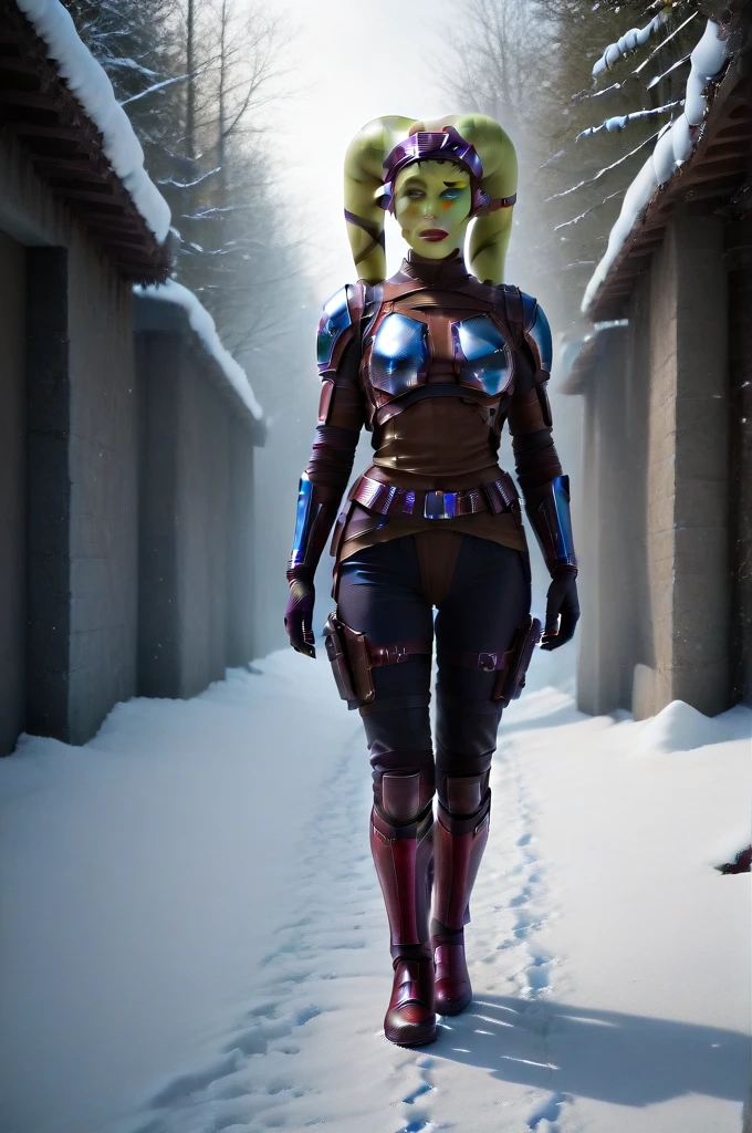 a ((fall body)) (((hera syndulla))) ((green skin )) ((female twi'lek ))mandalorian,walking on snow, ((green fire eyes )) , beautiful detailed eyes, beautiful detailed lips, extremely detailed face, long eyelashes, mandalorian armor, sci-fi, cinematic lighting, dramatic, epic, intricate details, hyper-realistic, 8k, high-quality, photorealistic
