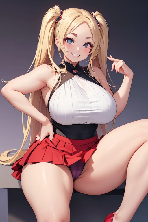 Realistic、masterpiece, 1house wife、blonde hair、twin tail, red eyes, (eye focus:1.3,face focus),(Gradient eyes:1.3),(mini skirt)、open mouth,(grin:1.3),forehead,cute face、((Thick thighs、Beautiful thighs)), A condescending gaze on the viewer,Sitting with legs spread and panties exposed,Wrestler