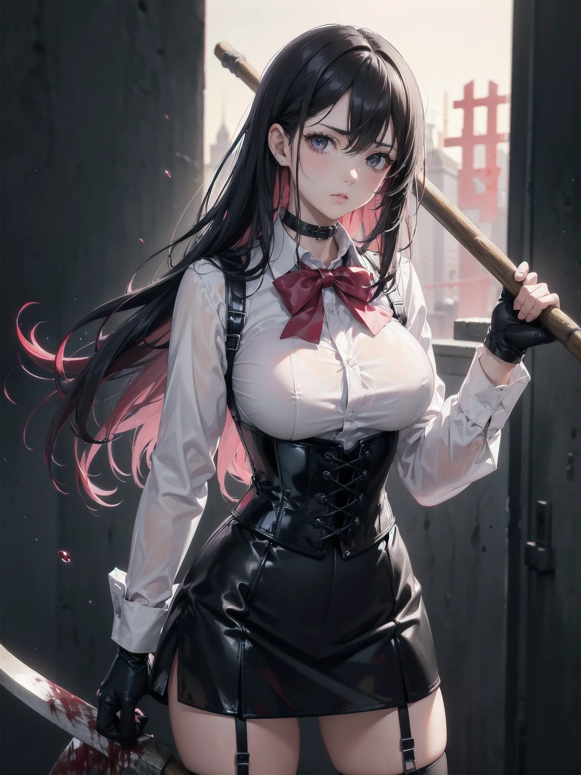 ((blood droplets)), ((blood)), ((blood splatter)), ((blood on clothes)) ((blood stain)), masterpiece, Superior image quality, High resolution, 4k image,photo and gross, photorealistic, whole body, distant view, ung man of 15 years, {{{vagina}}}, big breasts, beautiful face, long black hair, black eyes, very detailed eyes, pink cheeks, serious expression, choker:1.6, (white collar button down long sleeve shirt), black gloves, gloves that cover hands, (holding an ax in the right hand), (black leather corset), (shiny black miniskirt), Sensual Lips, show details in the eyes, View from the front, looking at the viewer, standing in a dark room, at night, crimson sky,