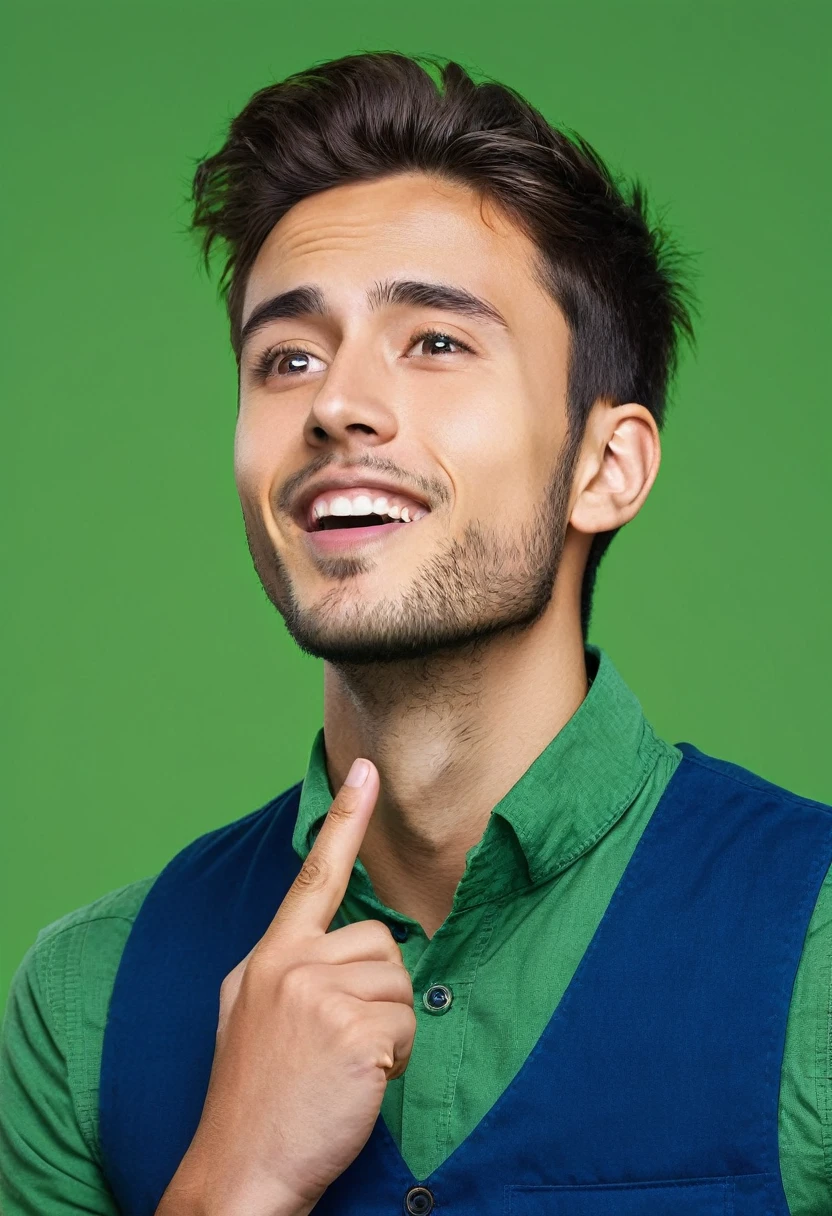 24-year-old man in a blue vest thinking, look up, green background, green chroma, index finger on cheek, low smile, professional photo, medium shot, realistic photo, 8k