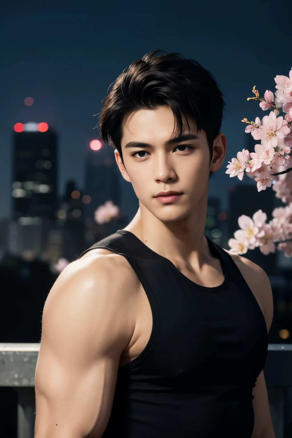 portrait of a 1 boy wearing a tight black tank top, front view, looking at camera, (smirk:0.65), (angry:0.3), cinematic shot on canon 5d ultra realistic, urban atmosphere, skyscrapers, night scene, sakura petals are flying over the background, short hair undercut, (extremely handsome:1.2) สนุกเกอร์
