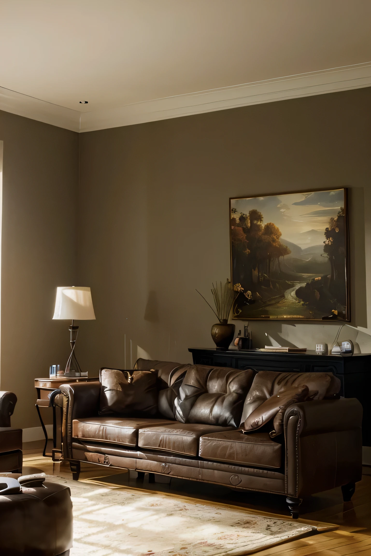make aroom with furniture. living room. middle of the day. good lighting. realistic. big painting in the middle.