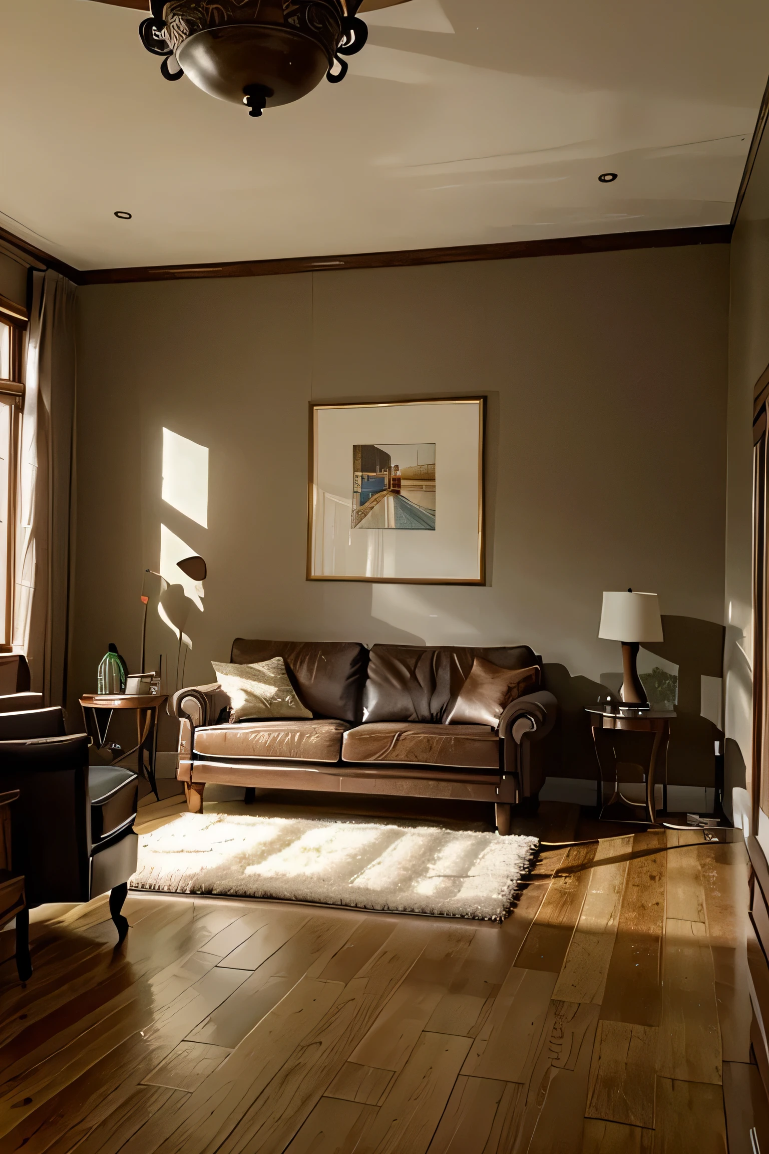 make aroom with furniture. living room. middle of the day. good lighting. realistic. big painting in the middle.
