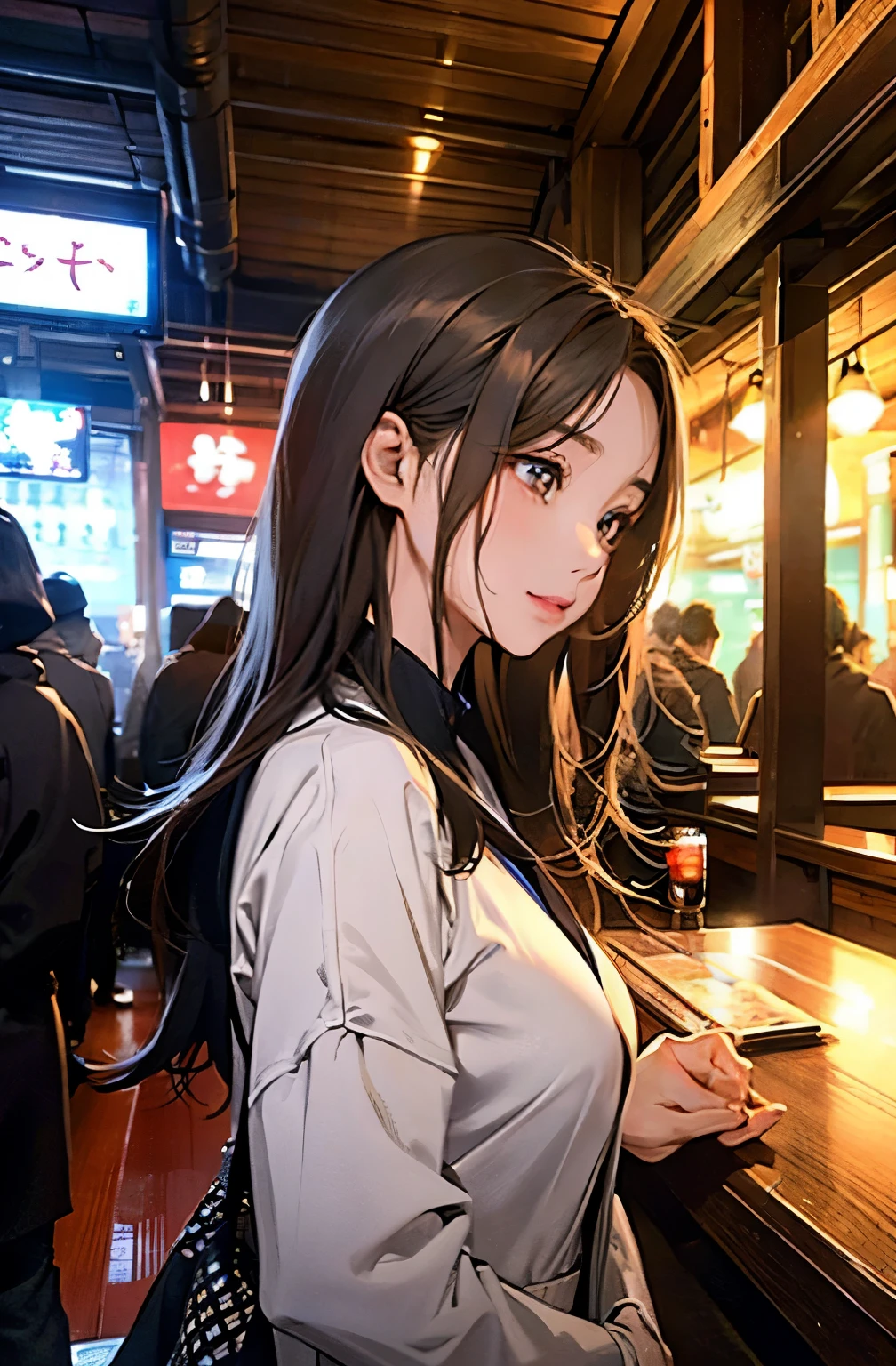 Distinct facial features、Small breasts、Izakaya、busy、Bright room、Many people、Several tables、People in their 30s、profile、