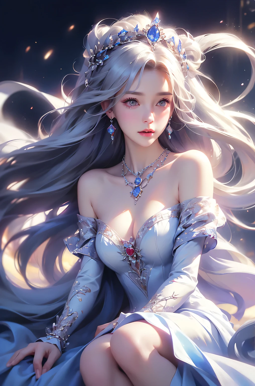 (masterpiece:1.5, Highest quality, Very detailed、 Dutch Angle、Semi-realistic、Fantasy)(One Girl, alone)(White and beautiful hair:1.6,,Straight Long Hair)(White based dress、Fantasy Costume)、((Off the shoulder、Mid-chest、ruby necklace))(Beautiful cleavage、Legs wrapped in tights)(Beautiful starry sky、Mystical Night、Particles of light float around the woman、Fantasy space) Waiting to start