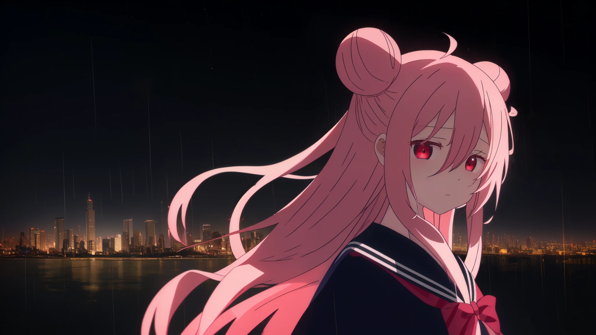 masterpiece, best quality, night city background, rainy, 1girl, solo, upper body, bow, serafuku, satou, emotionless, expressionless, anime wallpaper 4k, detailed background, detailed hair