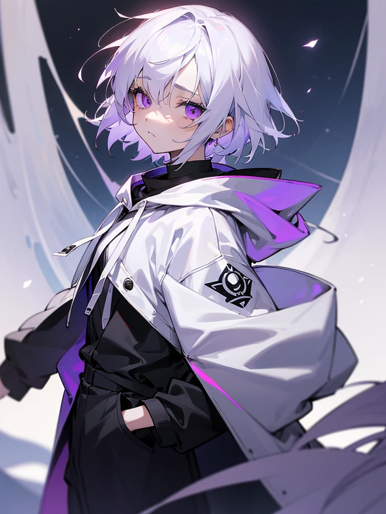 Teenage girl with short white hair in dark anime style、With pale purple eyes and a sad expression on his face、He is wearing a white hoodie with a black jacket over it、Black shortodern, relaxed clothing、Peaceful night town background、high resolution