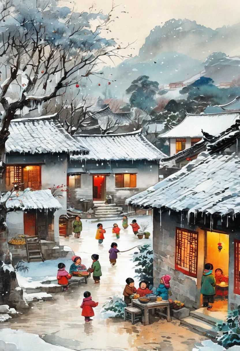 Ink Painting:China 70s,winter,heavy snow,Village courtyard,Warm home,patio,Icicles on the eaves,Tree,Dirt paths,Happy little ones