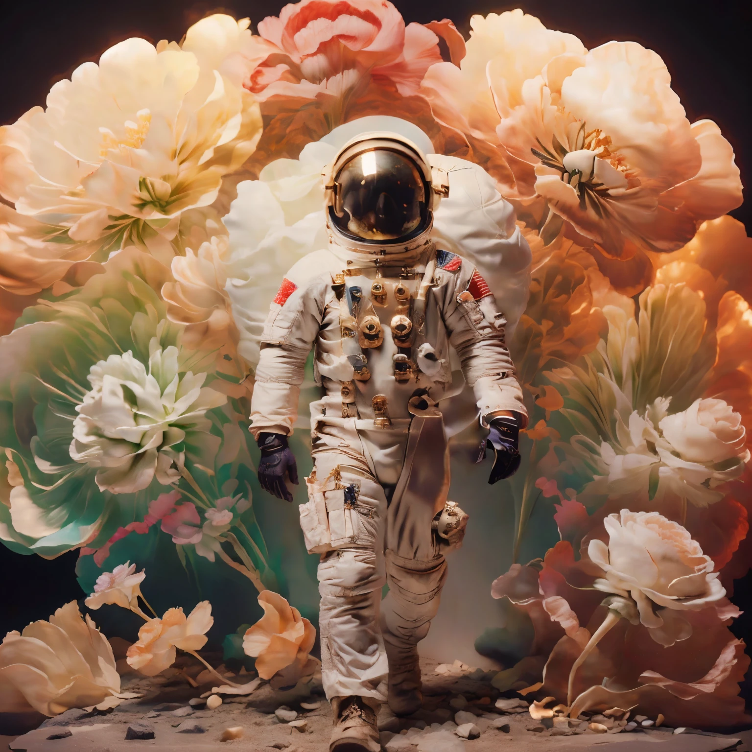 A skull wearing astronaut helmet, Walking on blooming roses, full body, militaristic realism, hd mod, dark gold, distinctive noses