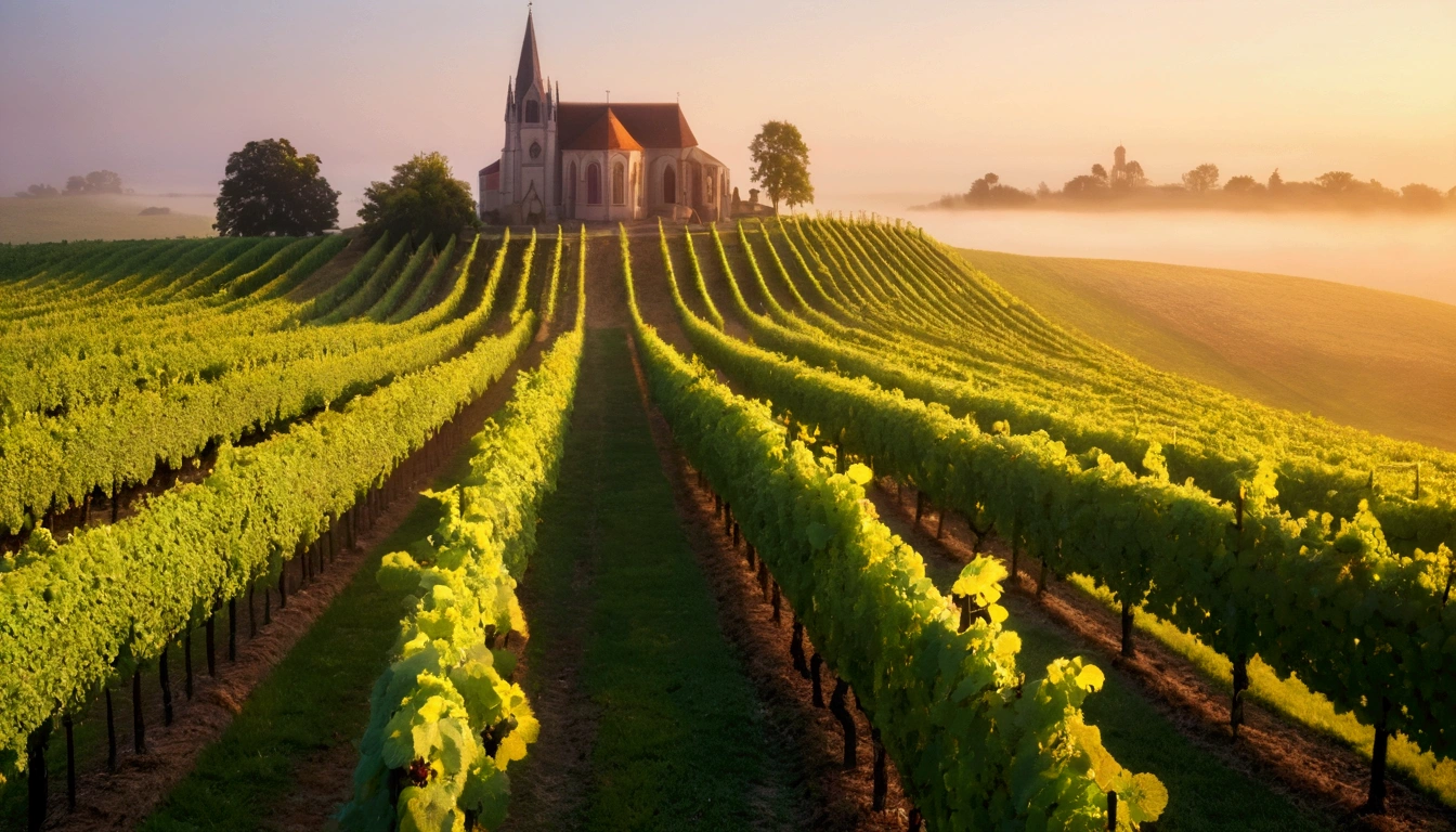 8k, Dawn fog, path, vineyard, Cathedral, Vivid picture quality, Realistic perfect picture quality, The picture quality is vivid
