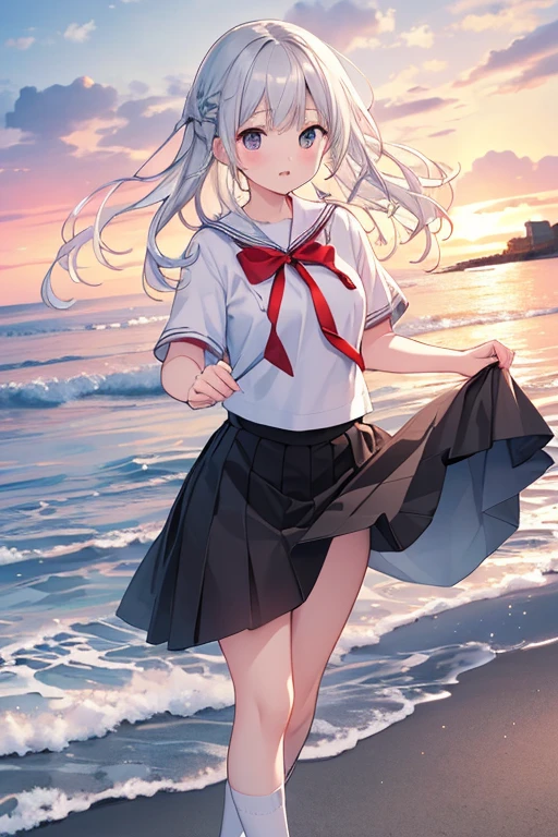 ((masterpiece)), ((Highest quality)), ((High resolution)), ((Highly detailed CG Unity 8k wallpaper)), alone, Tachibana Sonata, Brown uniform, Black Skirt, White socks, Outdoor, face, Beach, Hanging hair, Parted hair, Silver Hair