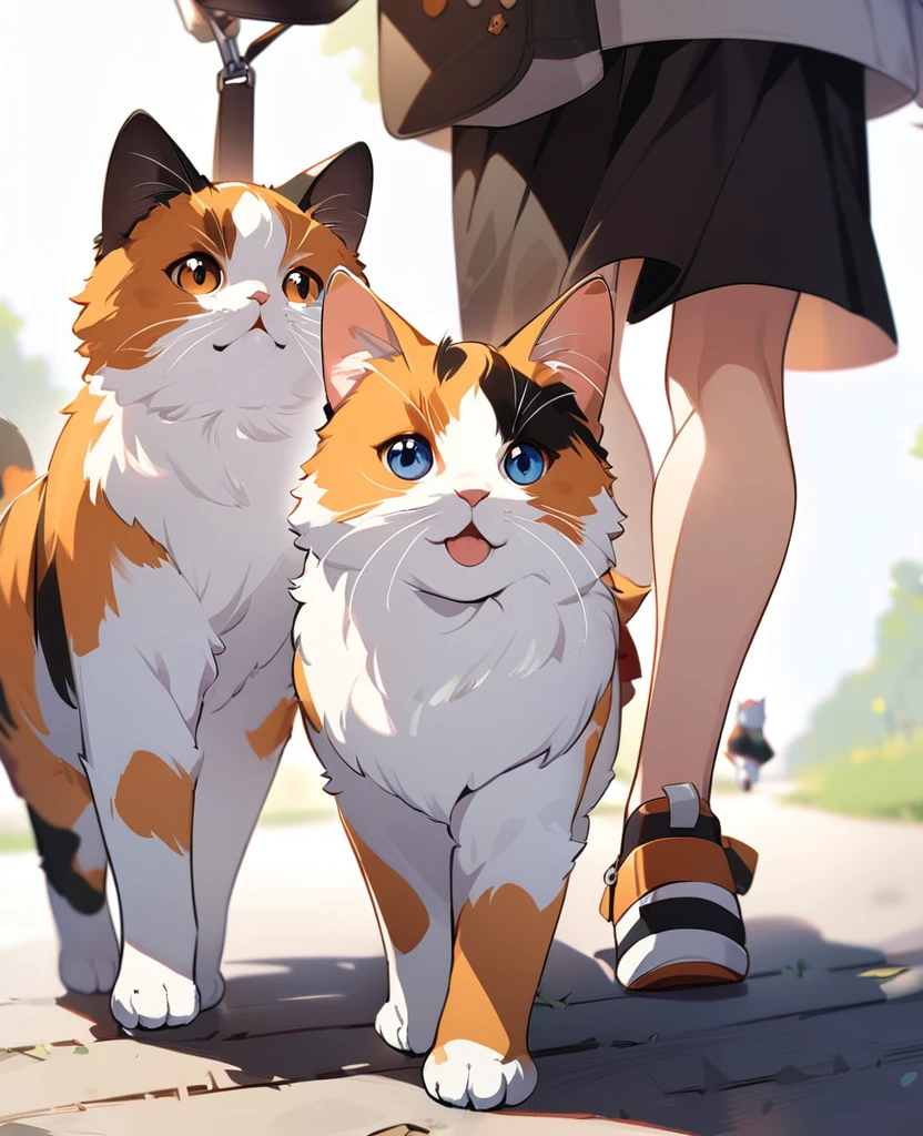 A fluffy calico cat and a cute puppy walking together,