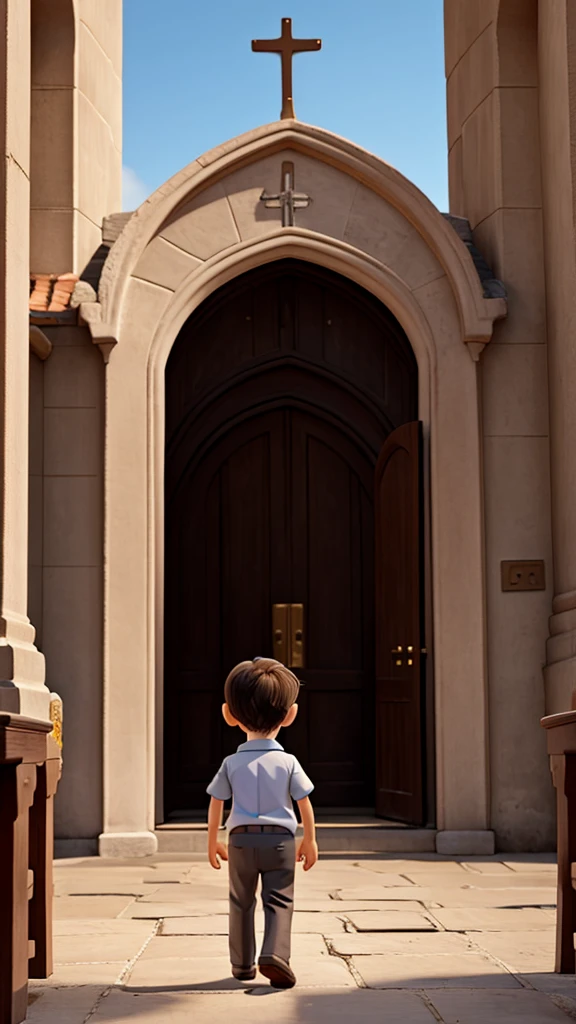 3 YEAR OLD BOY WALKING TOWARDS THE ENTRANCE OF THE CHURCH