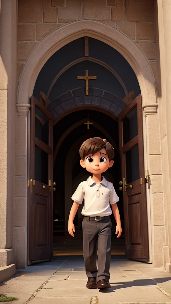 3 YEAR OLD BOY WALKING TOWARDS THE ENTRANCE OF THE CHURCH