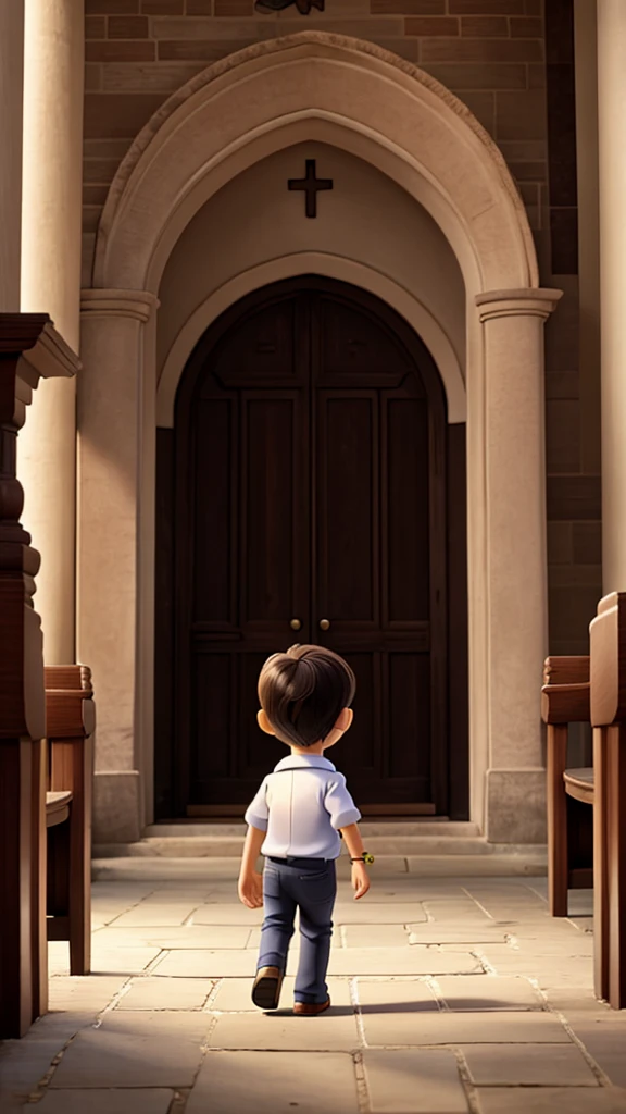 3 YEAR OLD BOY WALKING TOWARDS THE ENTRANCE OF THE CHURCH
