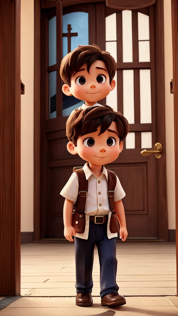 3 YEAR OLD BOY WALKING TOWARDS THE ENTRANCE OF THE CHURCH