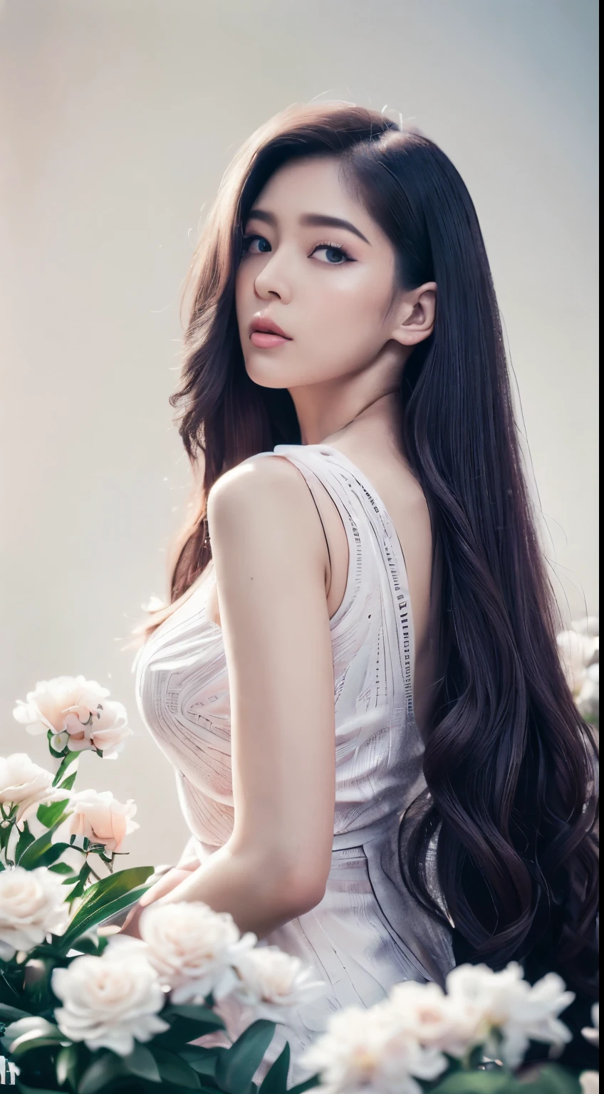 (Best quality, 4K, 8K, A high resolution, Masterpiece:1.2), Ultra-detailed, (Realistic, Photorealistic, photo-realistic:1.37), Portrait, Beautiful flowing long hair, Gray iris,vacant gaze, Plump pink lips, The ends of the hair are dotted with white flowers, Slender figure, Panoramic view, black formal, Detailed legs, looking at camera