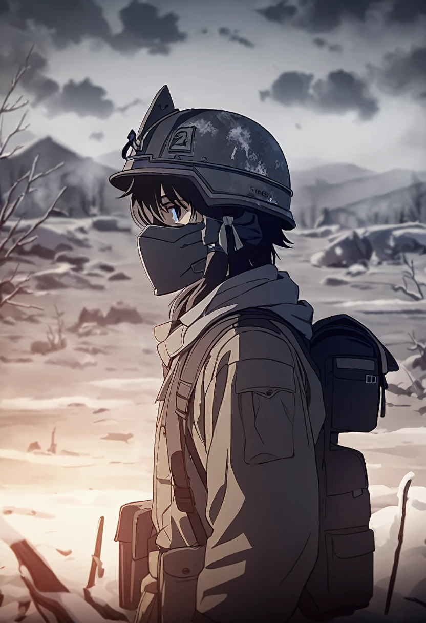 man, 21 years old, survivor, dressed in old clothes, Helmet, mask, backpack, winter apocalypse, Loneliness, gloom