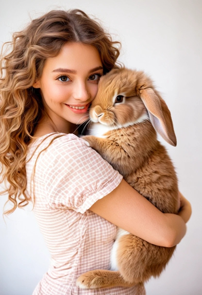 draw a happy rabbit in love with a pretty girl. the girl has big brown eyes, light brown curly hair. the rabbit is embracing her by the waist and is looking lovingly into her face