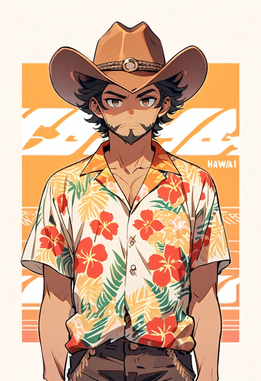 Front pose, full character, cowboy hat, hawaii shirt, little beard, brown eyes, lightskin