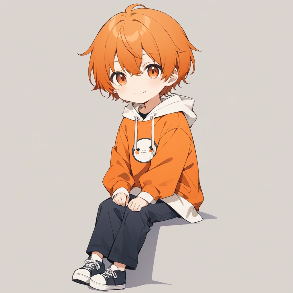 Orange Hair, Orange eyes,Short Hair,smile, a bit,maleの子一人,a bitキャラ,anime,whole body,mini,male,小さいmaleの子,a little ,hoodie,Sitting