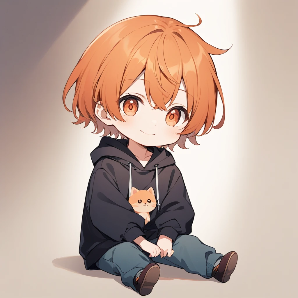 Orange Hair, Orange eyes,Short Hair,smile, a bit,maleの子一人,a bitキャラ,anime,whole body,mini,male,小さいmaleの子,a little ,hoodie,Sitting