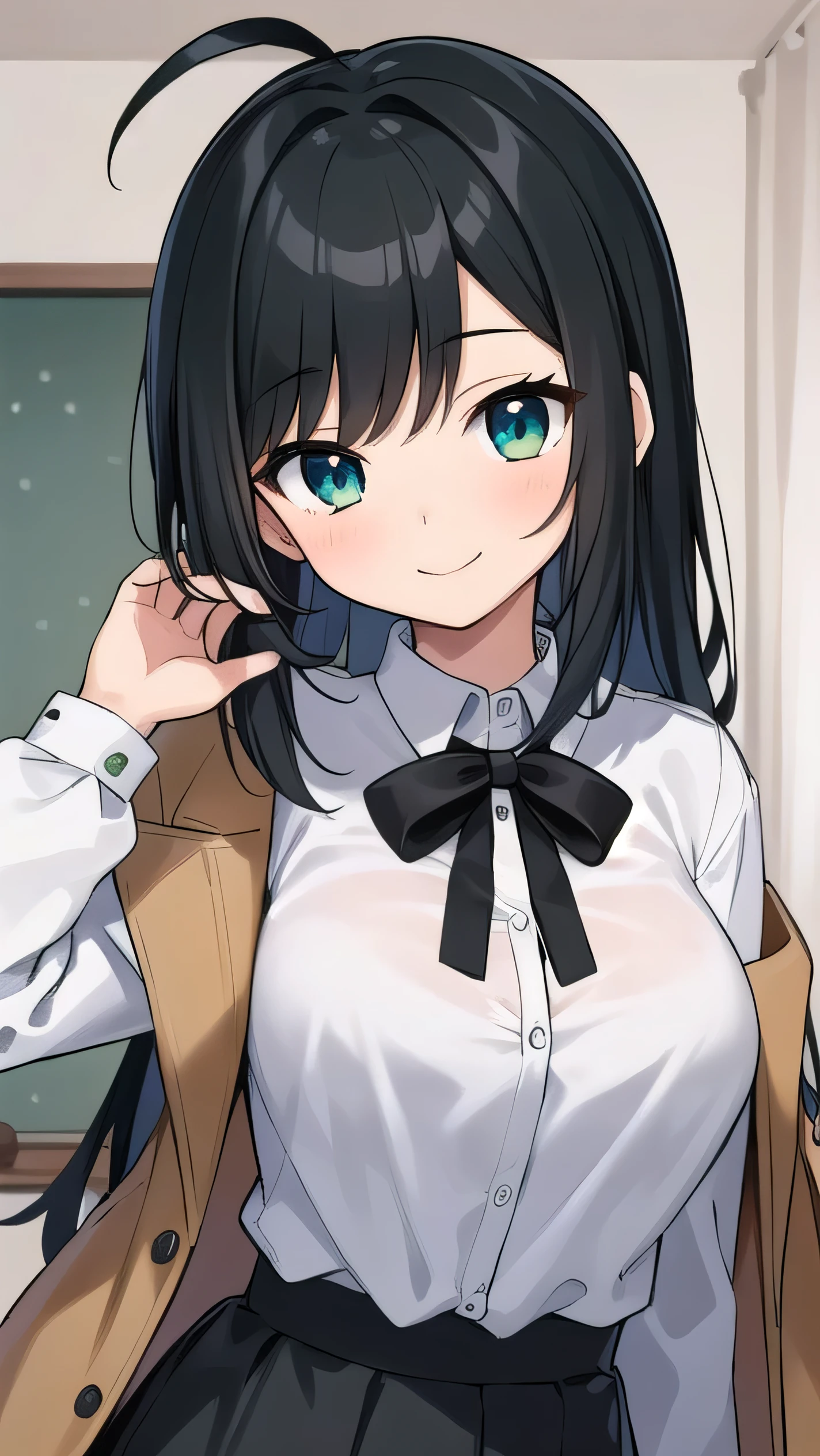 Junior high school student who looks like an elementary school student, 14 years old, very short, 140 cm tall, black hair with a slight green tinge, short ahoge, beautiful long hair but with a little hair sticking out, beautiful round eyes, blue eyes, smile, boyish, long sleeves, Thick clothes, skirt, , hair longer than waist, long hair, childish face, gentle smile, a little shy, black skirt, black hair with a slight green tinge, boyish, gentle smile, jacket one size larger, ( Deep greenish black hair: 1.3)，her bra is visible