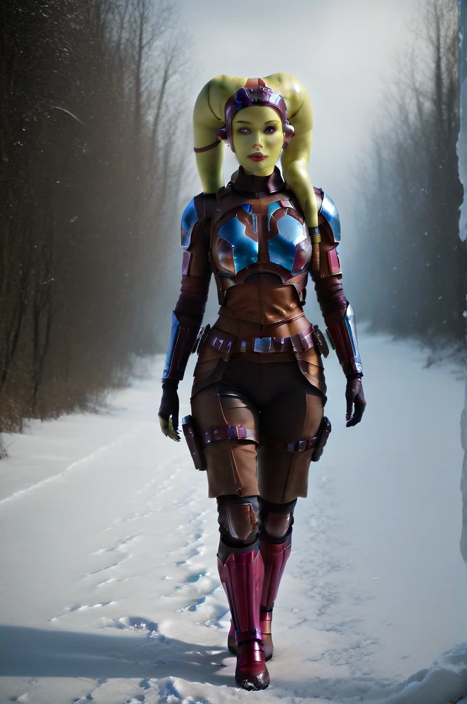 a ((fall body)) (((hera syndulla))) ((green skin )) ((female twi'lek ))mandalorian,walking on snow, ((green fire eyes )) , beautiful detailed eyes, beautiful detailed lips, extremely detailed face, long eyelashes, mandalorian armor, sci-fi, cinematic lighting, dramatic, epic, intricate details, hyper-realistic, 8k, high-quality, photorealistic