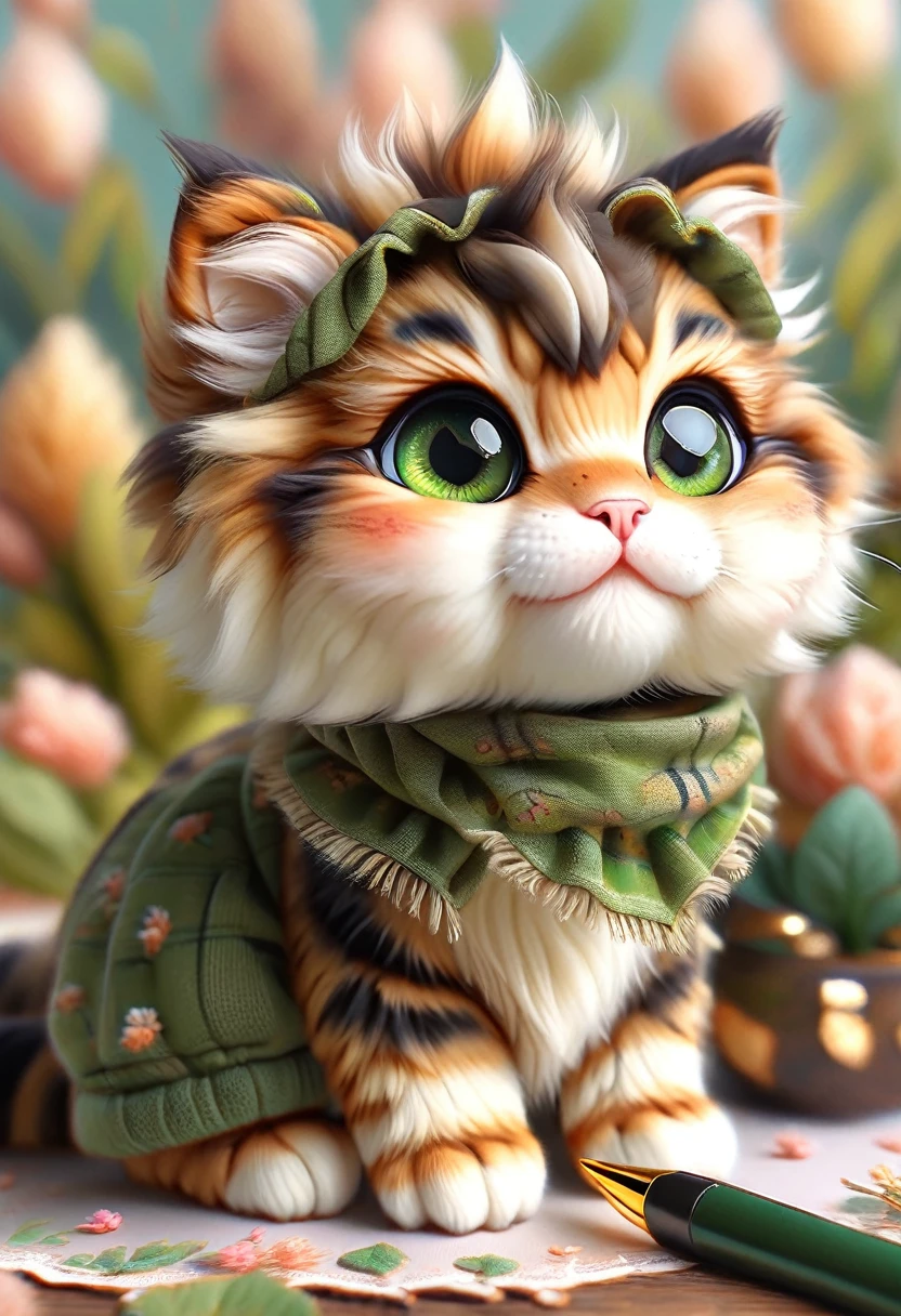 Cute and gentle cat, Ultra high definition 8k, Portraiture, Realistic, Very detailed, Adorable, Soft fur, Gentle expression, Warm lighting, Detailed facial features, Large expressive eyes, Detailed beard, Intricate details, natural environment, green々Leaf, photoRealistic, masterpiece, Highest quality