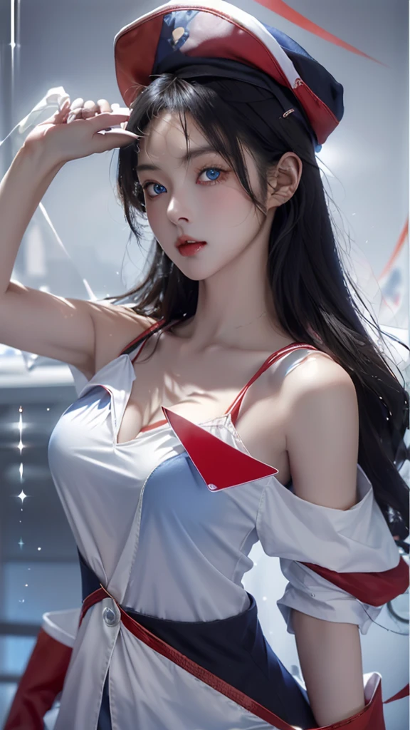 a woman wearing red sailor outfit with a card slot in her shirt and black hair down, 1girl, solo, blue eyes, hat, breasts, cleavage, looking at viewer, black hair