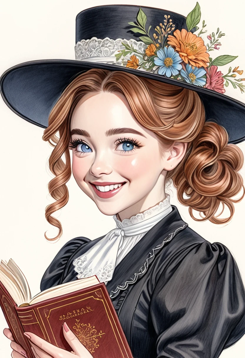 A colored pencil drawing of a pretty smiling happy victorian governess, curly auburn hair. Kind and inteligent, joyful energy. hair in bun, hat. book of poetry in hand. Sabrina Carpenter