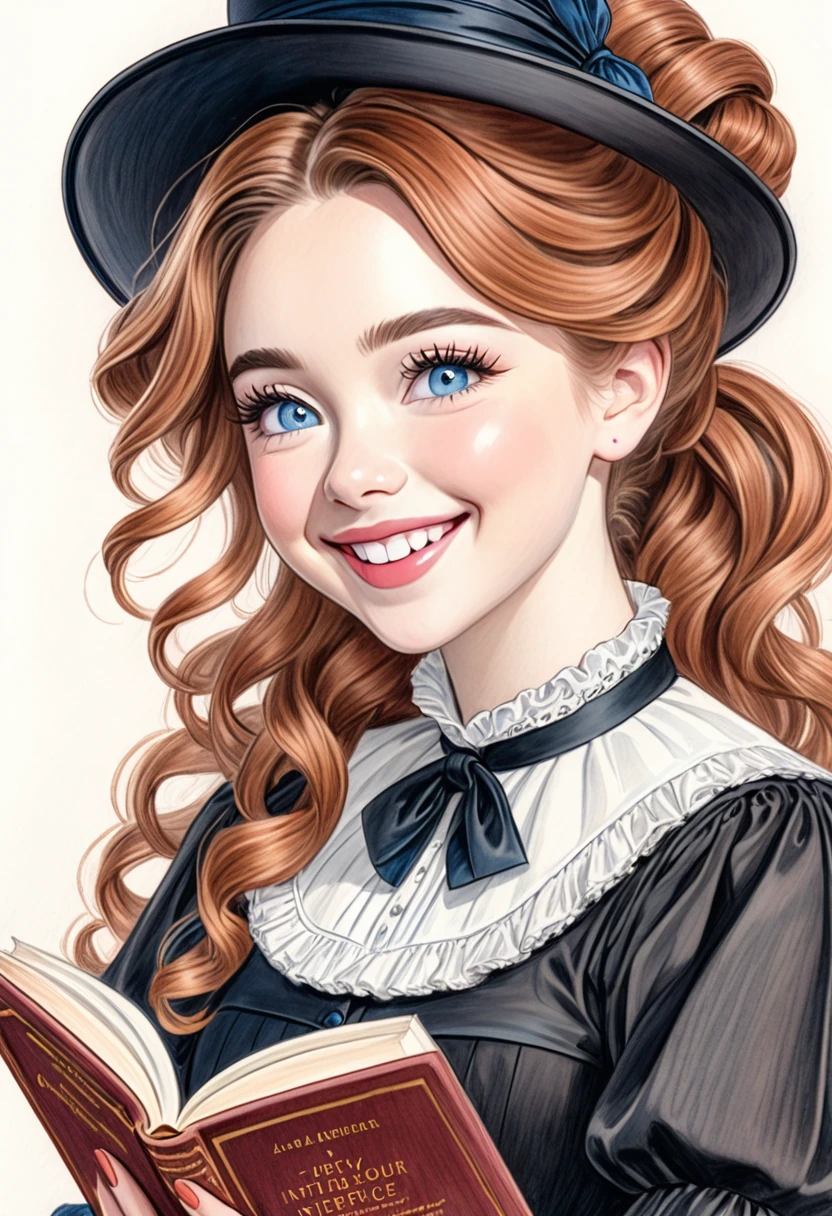 A colored pencil drawing of a pretty  smiling happy victorian governess, curly auburn hair. Kind and inteligent, joyful  energy. hair in bun, hat. book of poetry in hand. Sabrina Carpenter
