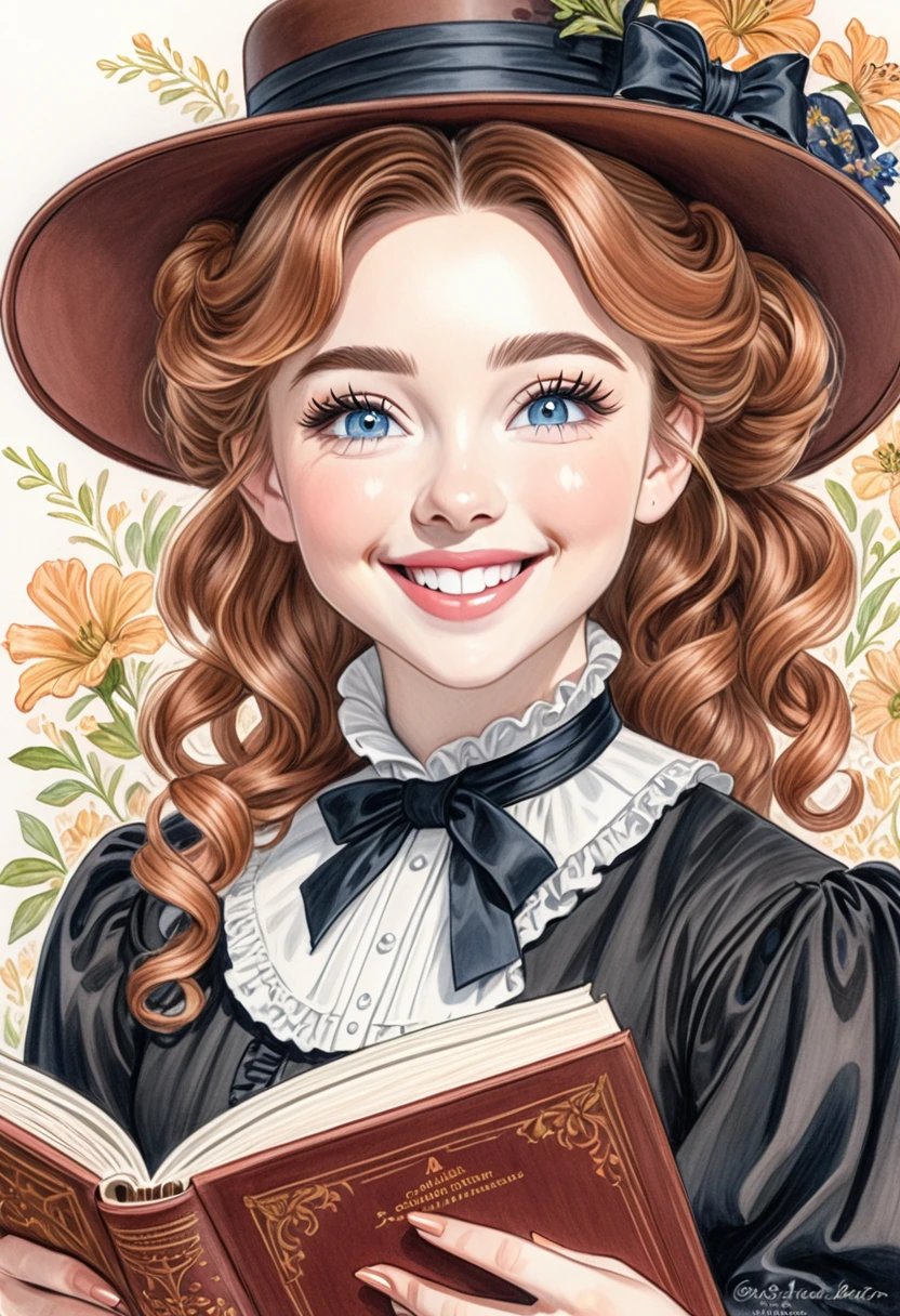 A colored pencil drawing of a pretty  smiling happy victorian governess, curly auburn hair. Kind and inteligent, joyful  energy. hair in bun, hat. book of poetry in hand. Sabrina Carpenter
