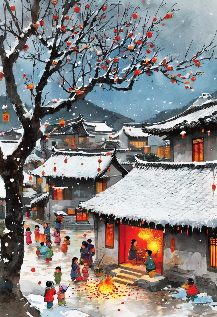 Ink Painting：China 70s，CNY，festival，winter，heavy snow，Village courtyard，firecracker，Warm home，patio，Icicles on the eaves，Tree，Dirt paths，Happy  ones