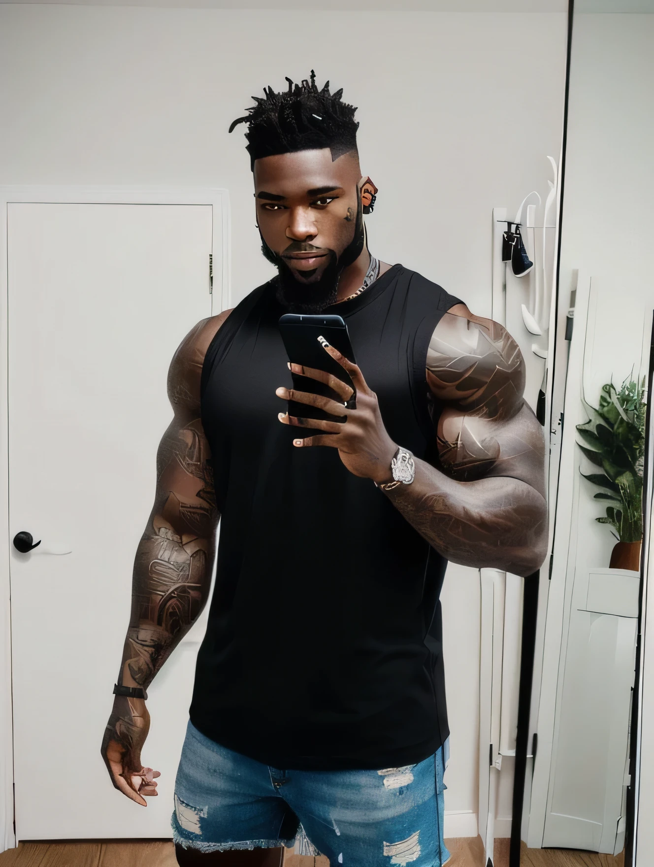 there is a man standing in front of a mirror with a cell phone, he is wearing a black t-shirt, man is with black skin, fit pic, posing and flexing, profile image, tight black tanktop, 30 year old man :: athletic, black thor, thicc, tight shirt, flexing large muscles, wearing tight shirt, short styled black dreadlocks with shaved sides, trendy haircut, tattoos, dark beard and black hair, blue eyes