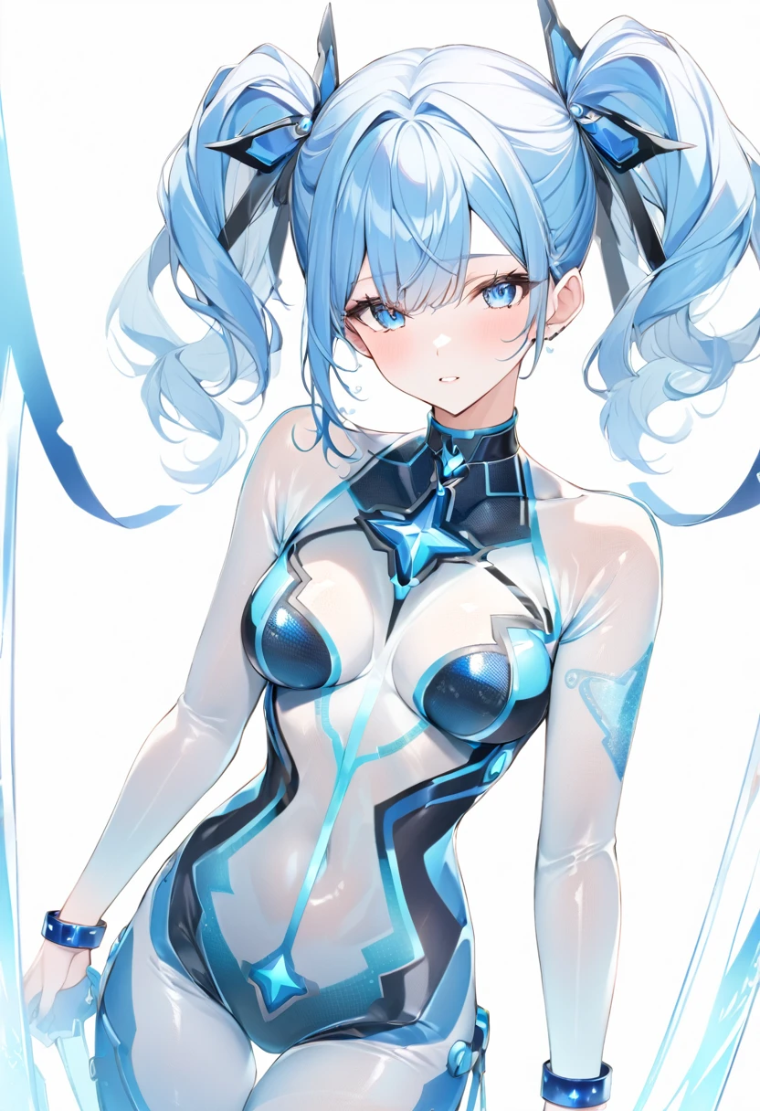 Blue Star,Twin tails,See-through,Top view,Standing on a white floor,See-through,Blue light pattern,sexyデザインのSee-throughボディスーツ,Transparent skin,胸元にBlue Starのデザイン,胸元がSee-throughボディスーツ,Shiny bodysuit,sexy,Big blue light bracelet,Big blue light anklet,Blue light accessories that dig into your thighs,Accentuated chest,Accentuated chest shape,Close-up of face and chest,