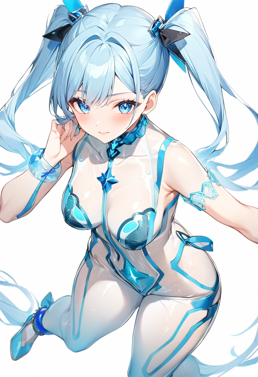 Blue Star,Twin tails,See-through,Top view,Standing on a white floor,See-through,Blue light pattern,sexyデザインのSee-throughボディスーツ,Transparent skin,胸元にBlue Starのデザイン,胸元がSee-throughボディスーツ,Shiny bodysuit,sexy,Big blue light bracelet,Big blue light anklet,Blue light accessories that dig into your thighs,Accentuated chest,Accentuated chest shape,Close-up of face and chest,