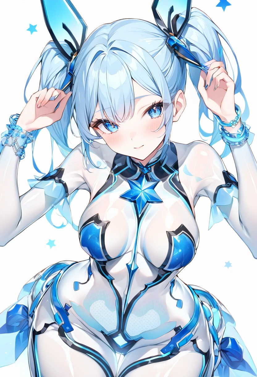 Blue Star,Twin tails,See-through,Top view,Standing on a white floor,See-through,Blue light pattern,sexyデザインのSee-throughボディスーツ,Transparent skin,胸元にBlue Starのデザイン,胸元がSee-throughボディスーツ,Shiny bodysuit,sexy,Big blue light bracelet,Big blue light anklet,Blue light accessories that dig into your thighs,Accentuated chest,Accentuated chest shape,Close-up of face and chest,