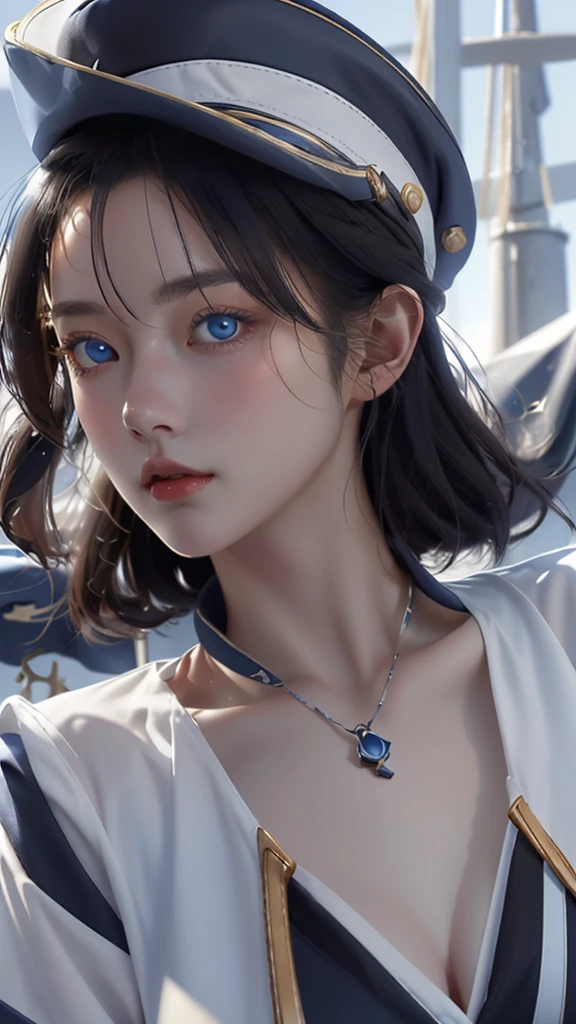 a digital painting of a female character in a nautical uniform, 1girl, solo, blue eyes, hat, breasts, cleavage, looking at viewer, black hair