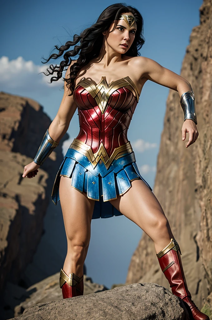 Wonder Woman standing on a rock with her skirt blown up showing her underwear. Low angle view