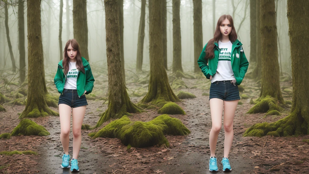 20 years old girl standing alone in dark forest. Heavy rain 20-year-old girl, long brown hair, green eyes, rain-soaked clothes, blue jeans, white t-shirt, brown jacket, running shoes, determined expression, athletic build