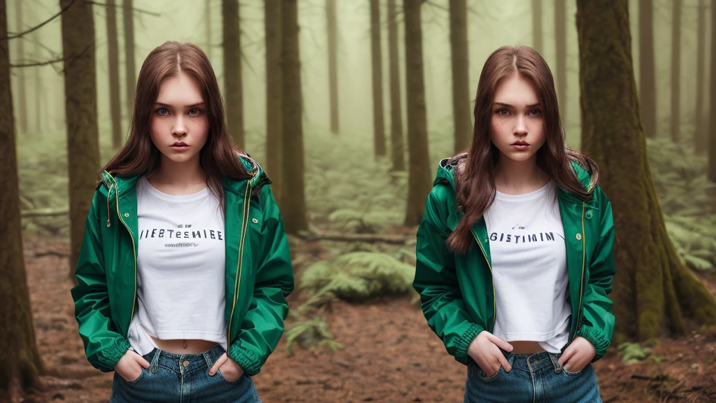 20 years old girl standing alone in dark forest. Heavy rain 20-year-old girl, long brown hair, green eyes, rain-soaked clothes, blue jeans, white t-shirt, brown jacket, running shoes, determined expression, athletic build