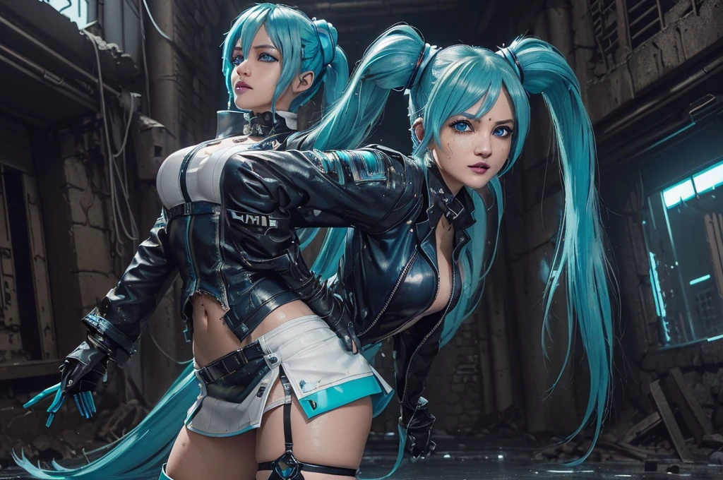 (Best quality,a high resolution,Ultra - details,valid), Miku Hatsune, ,(Destroyed alley Tokyo cyberpunk dungeon ruins background :1.4 ), big breasts, dynamic pose , (green hair, two ponytails) ,(short white miniskirt:1.4), Very long hair) , Put your hands behind your back, (beautiful blue eyes:1.4) , relaxed face, eyebrow hair, shiny hair,,(Destroyed dungeon background:1.4 ), Shiny skin, slight smile, Racing Miku, Black body, Short jacket, white jacket, long рукав, two-tone gloves, thigh high boots,,(Destroyed dungeon background nublado lluvia :1.4 ),(masterpiece: 1.4), (8 K, realist, Raw photo, Best quality: 1.4),(Miku Hatsune:1.4), (Miku Hatsune V2.1), (Detailed faces: 1.5, (beautiful blue eyes :1.4) , (Beautiful face, labios Delgados: 1.5) , Delgado, pale and pointed eyebrows, long, dark eyelashes, Double eyelashes),perfect hands: 1.5, (Kinematics V2.1),( dynamic pose), (Ideal Anatomy), (detailed face :1.4), (not mutations