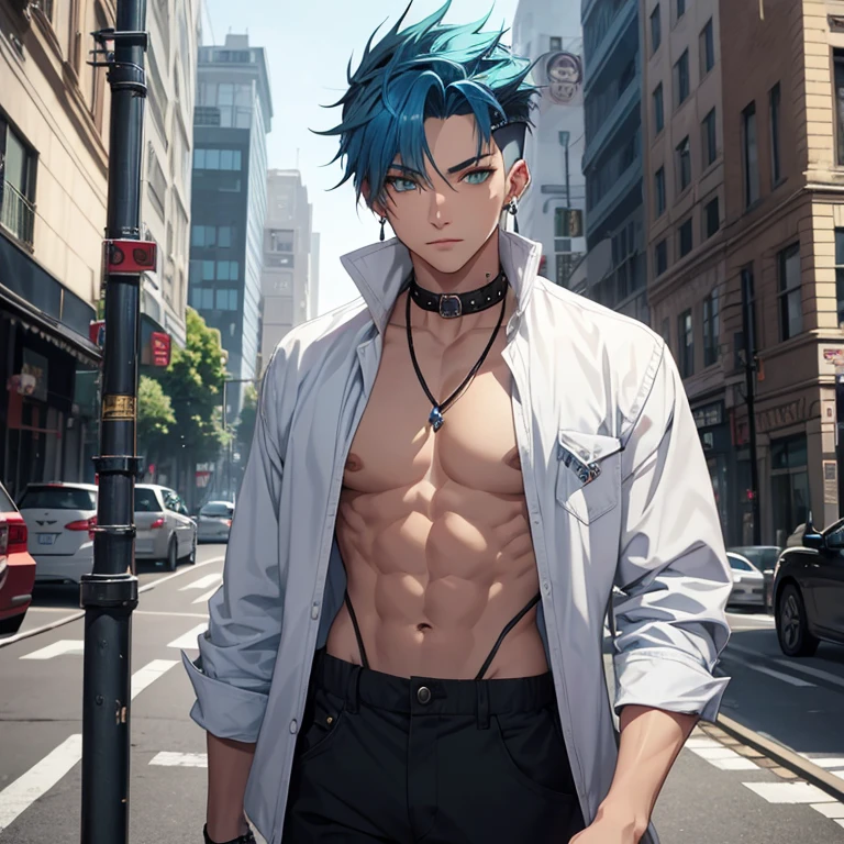Young man, Blue hair in a wolf cut, green eyes, handsome, piercings, street style clothes